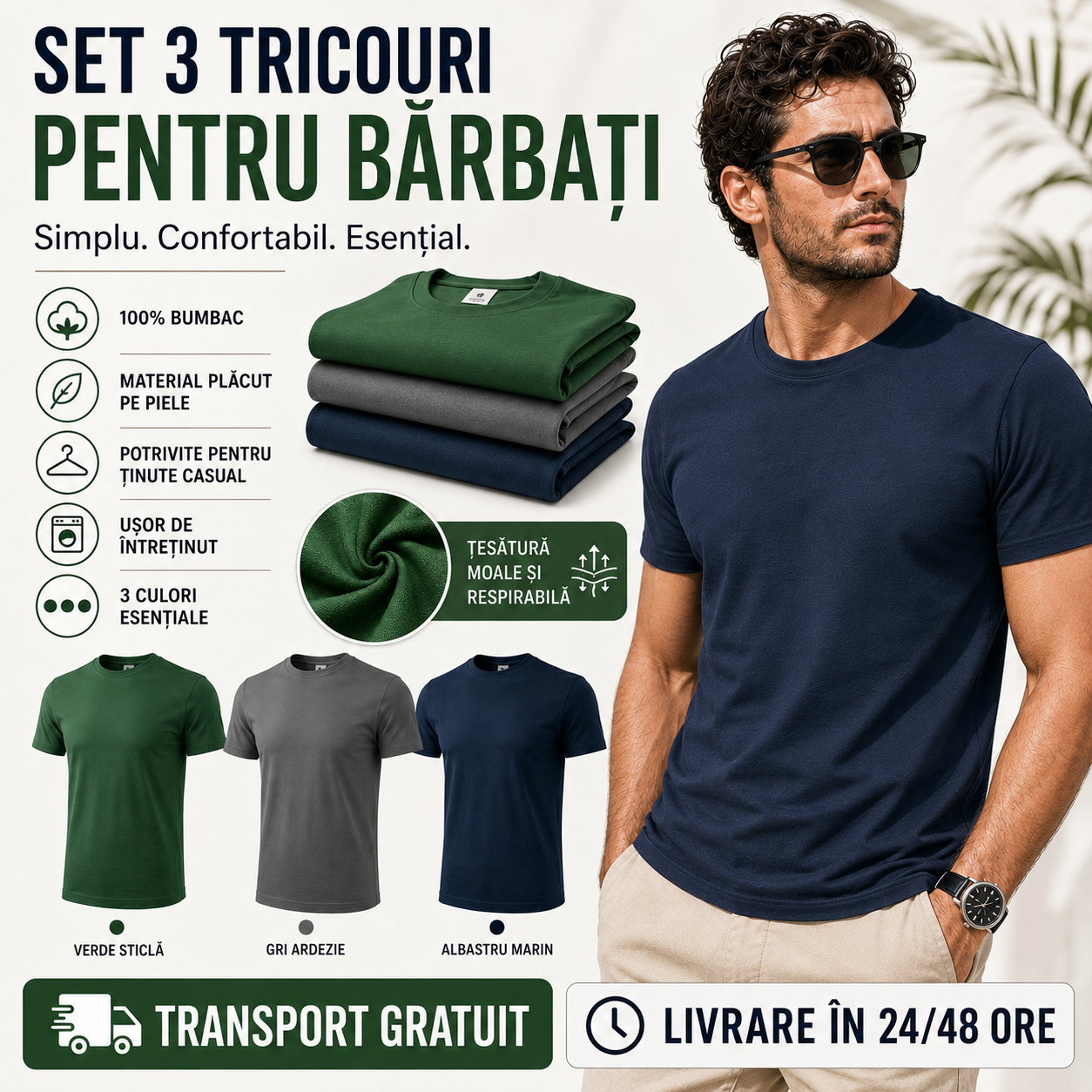 Tricouri bărbați gri ardezie albastru marin și verde 100% bumbac model 132